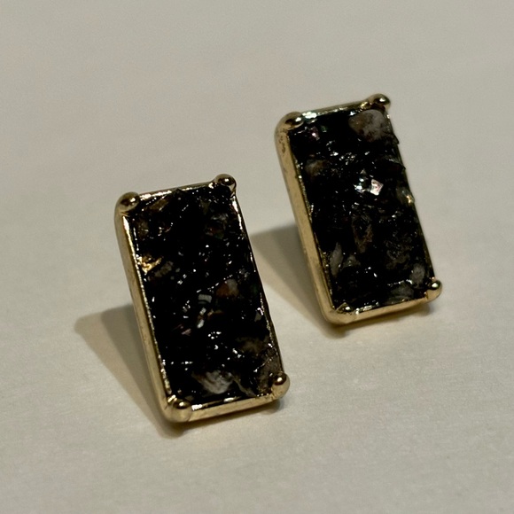 Natural Black Druzy Quartz Crystal Gold Plated Bar Stud Earrings 0.6" - Picture 1 of 9